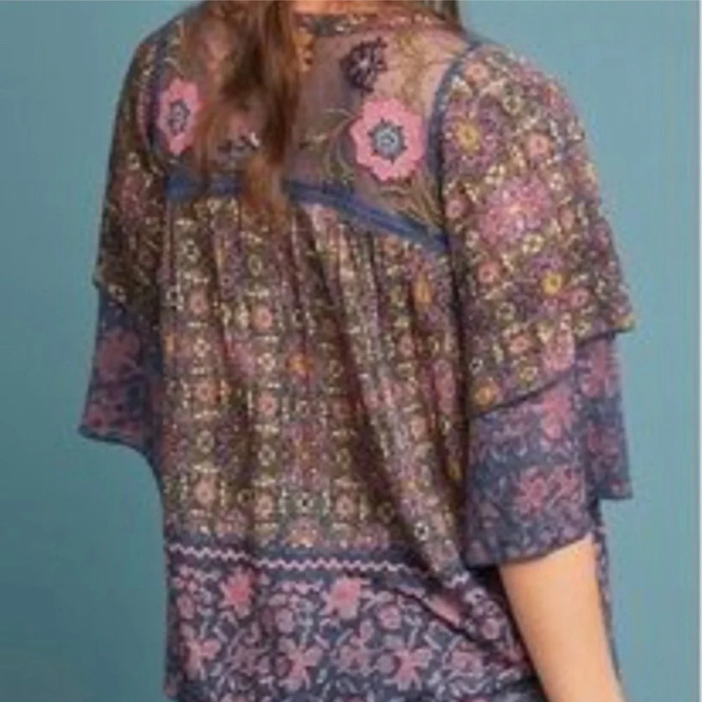 NWT Anthropologie Cuitadella top size Large; lace overlay embroidered flowers - Picture 6 of 16